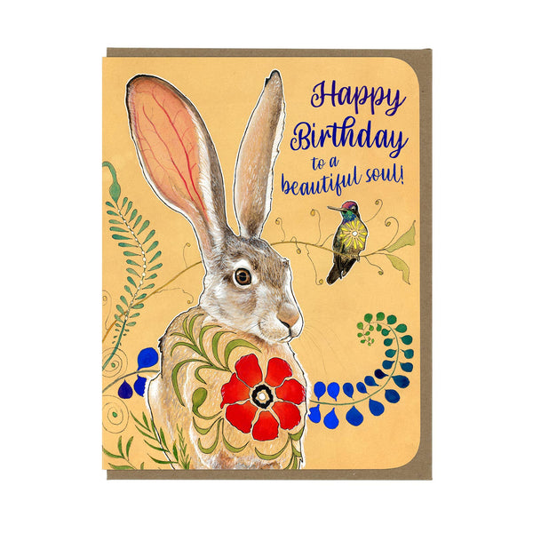 Birthday Jackrabbit & Hummingbird Greeting Card